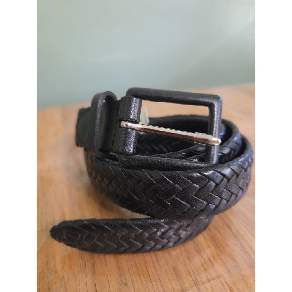 Talbots Black Leather Braided Woven Belt XL USA Business Casual